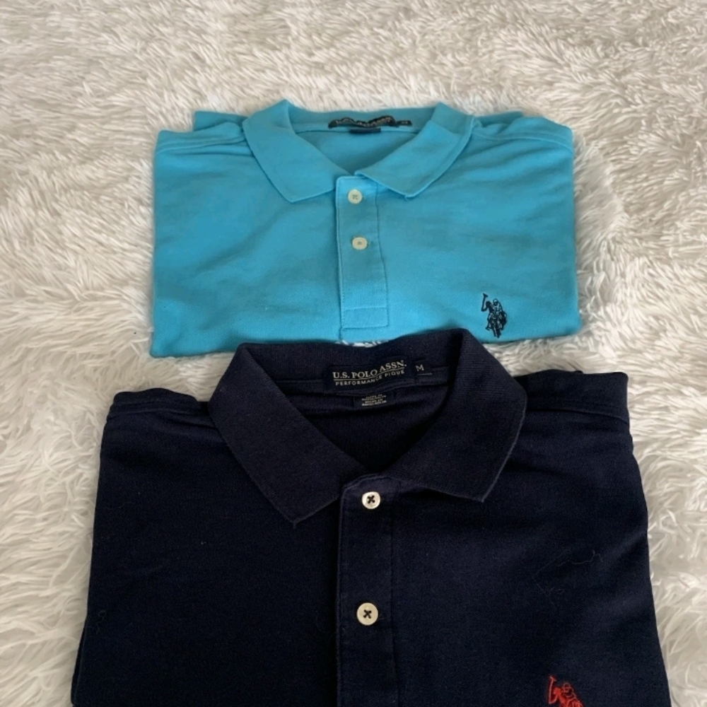 US Polo Assn NEW 2 x Size M Men's Performance Pique Polo Shirt Navy Blue & Aqua